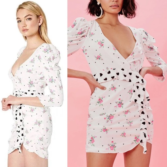 FOR LOVE LEMONS Floral Puff Sleeve Ruched Heart‎ Ruffle Belt Faux Wrap Dress XS - Picture 10 of 16